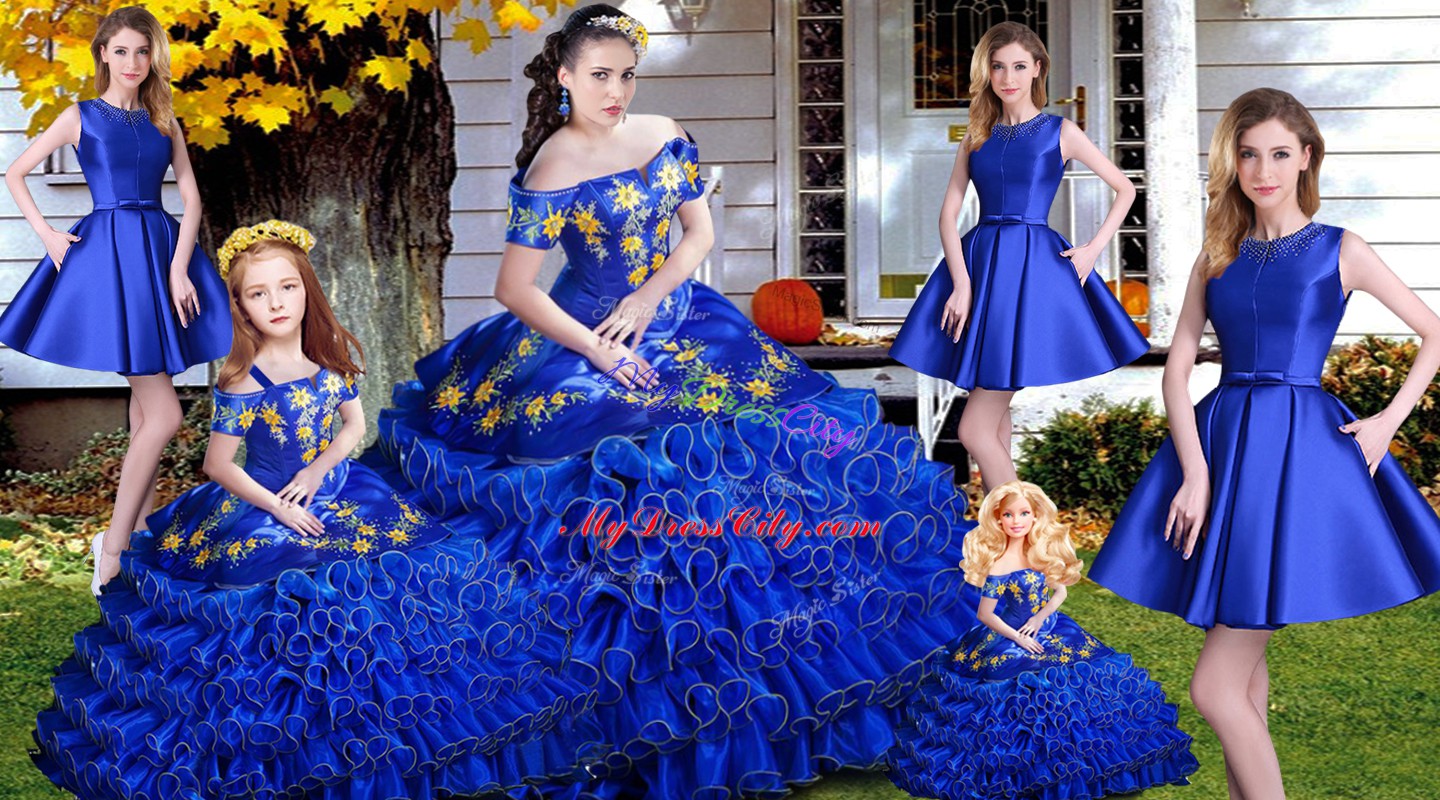 Clearance Royal Blue Ball Gowns Embroidery and Ruffles Sweet 16 Dress Lace Up Organza Sleeveless