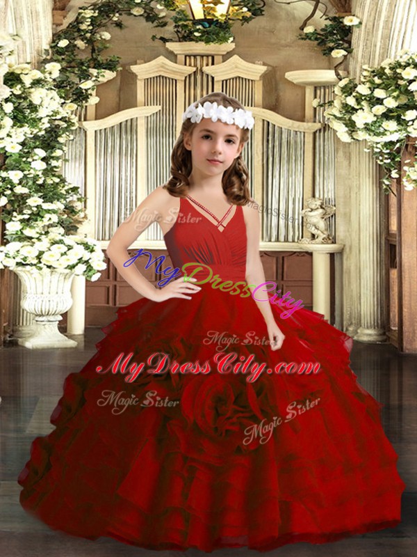 Best Organza V-neck Sleeveless Zipper Ruffled Layers Little Girls Pageant Dress Wholesale in Red