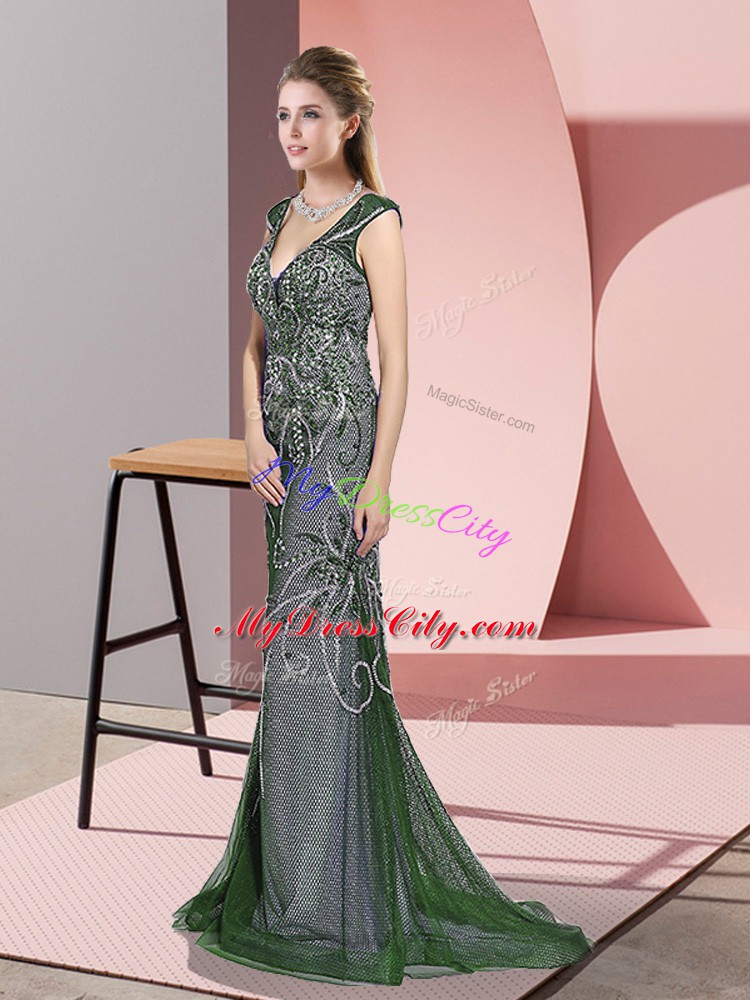 New Style Mermaid Sleeveless Green Dress for Prom Sweep Train Zipper