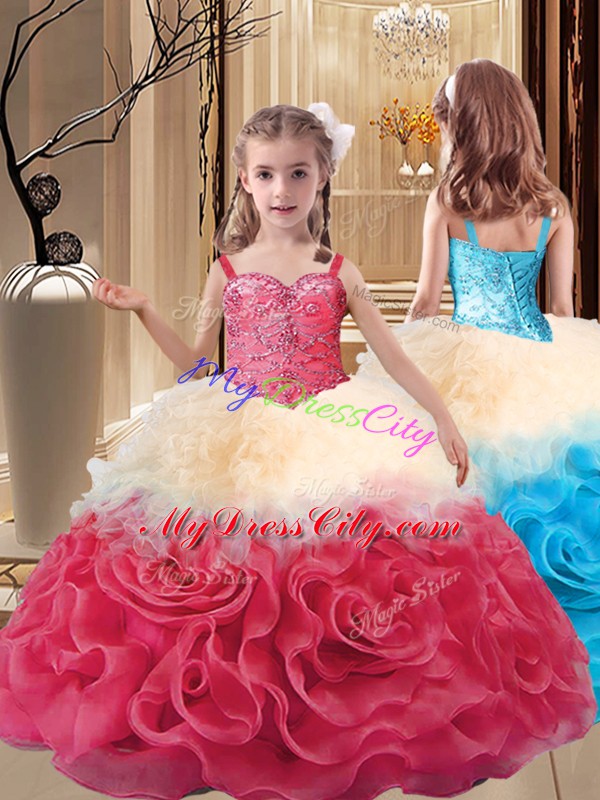 Inexpensive Multi-color Ball Gowns Straps Sleeveless Fabric With Rolling Flowers Floor Length Lace Up Beading Little Girl Pageant Dress