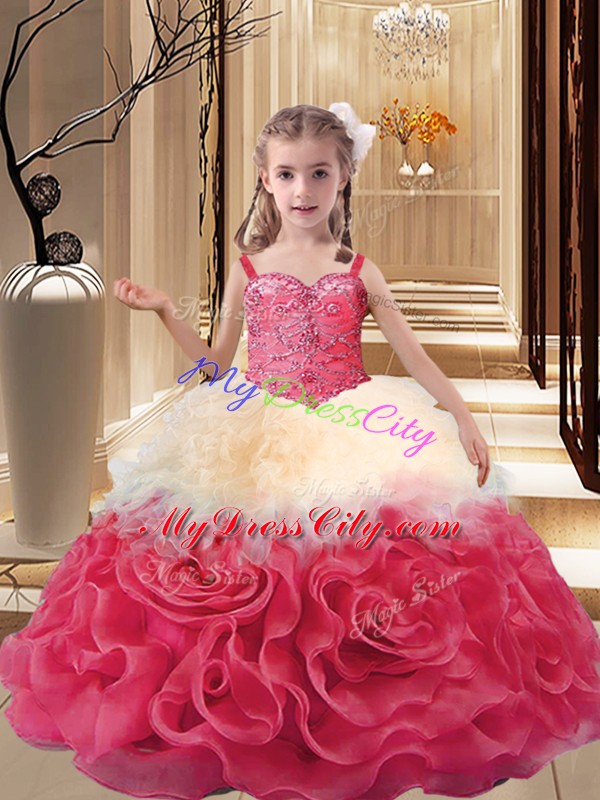 Inexpensive Multi-color Ball Gowns Straps Sleeveless Fabric With Rolling Flowers Floor Length Lace Up Beading Little Girl Pageant Dress