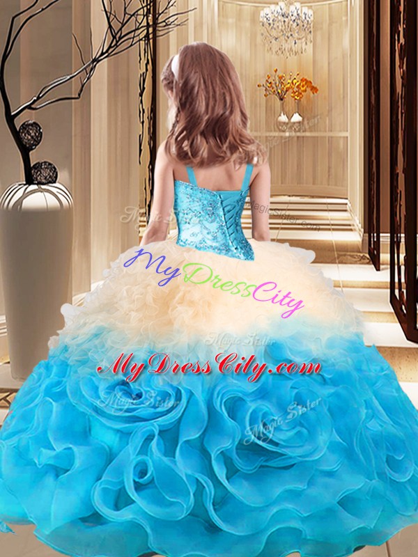 Inexpensive Multi-color Ball Gowns Straps Sleeveless Fabric With Rolling Flowers Floor Length Lace Up Beading Little Girl Pageant Dress