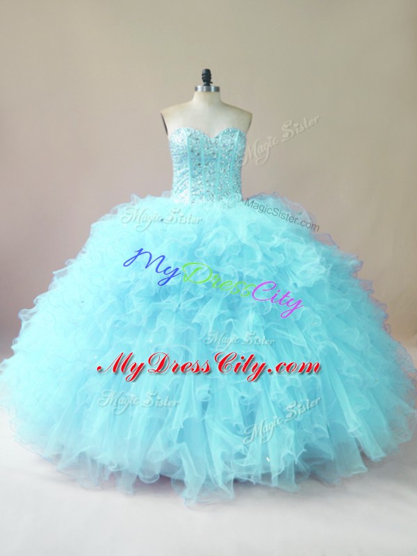 Aqua Blue Sweet 16 Dress Sweet 16 and Quinceanera with Beading and Ruffles Sweetheart Sleeveless Lace Up