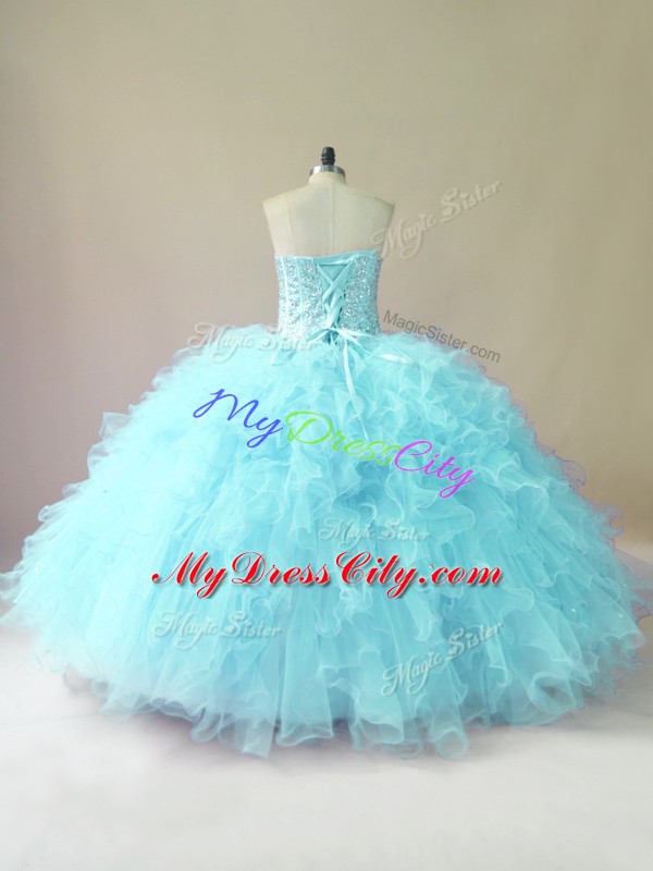 Aqua Blue Sweet 16 Dress Sweet 16 and Quinceanera with Beading and Ruffles Sweetheart Sleeveless Lace Up