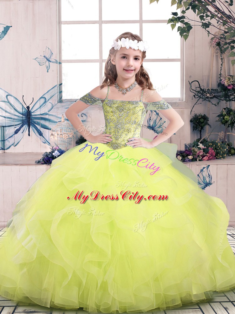 Floor Length Yellow Green Little Girls Pageant Dress Off The Shoulder Sleeveless Lace Up