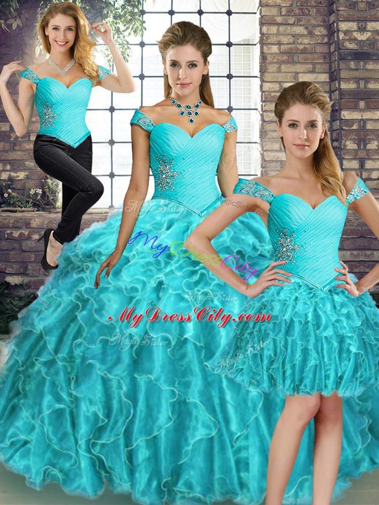 Organza Off The Shoulder Sleeveless Brush Train Lace Up Beading and Ruffles Sweet 16 Dresses in Aqua Blue