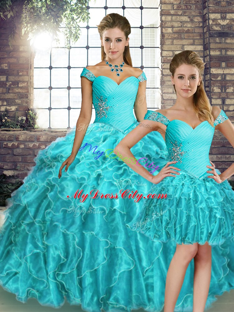 Organza Off The Shoulder Sleeveless Brush Train Lace Up Beading and Ruffles Sweet 16 Dresses in Aqua Blue