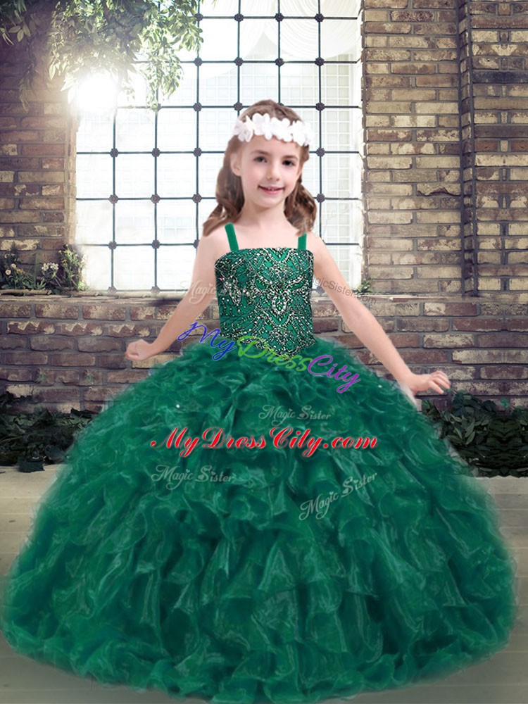 Dark Green Straps Neckline Beading and Ruffles Pageant Dress Toddler Sleeveless Lace Up