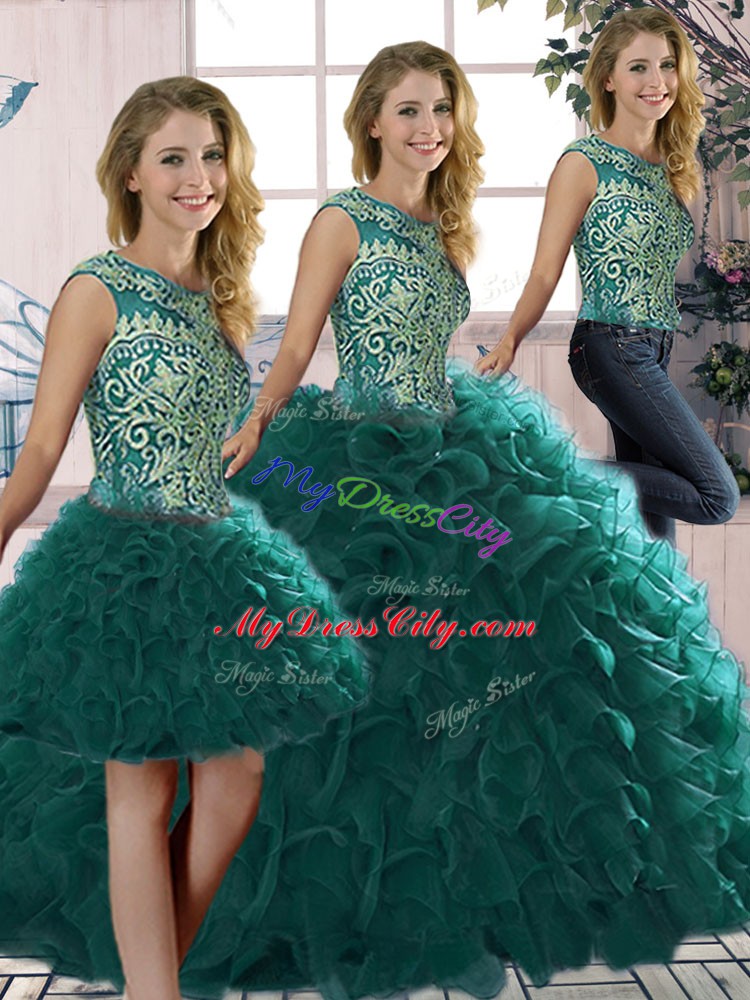 Elegant Peacock Green Organza Lace Up Scoop Sleeveless Floor Length Ball Gown Prom Dress Beading and Ruffles