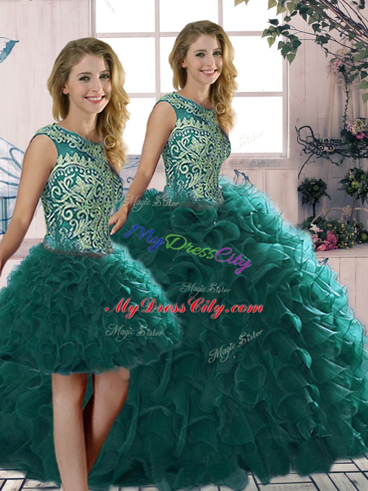 Elegant Peacock Green Organza Lace Up Scoop Sleeveless Floor Length Ball Gown Prom Dress Beading and Ruffles