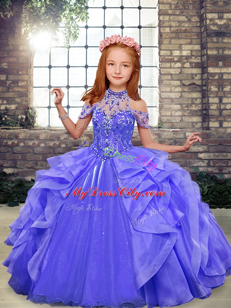 Perfect Blue Ball Gowns Organza Halter Top Sleeveless Beading and Ruffles Floor Length Lace Up Little Girl Pageant Dress