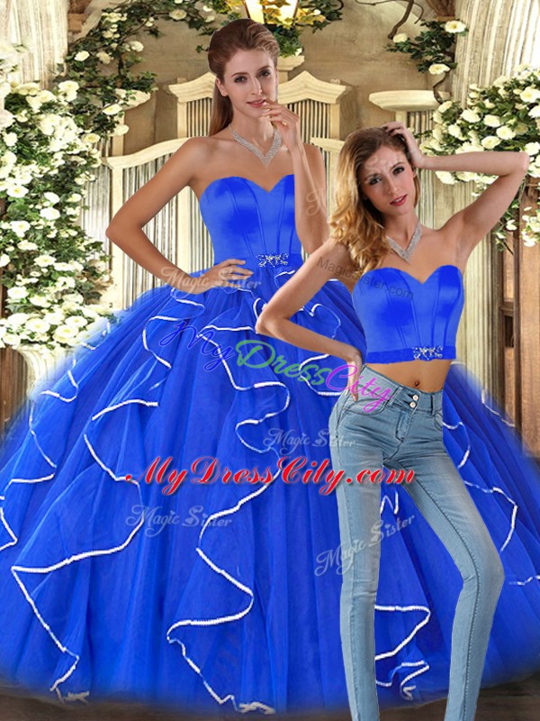 Blue Tulle Lace Up Vestidos de Quinceanera Sleeveless Floor Length Ruffles