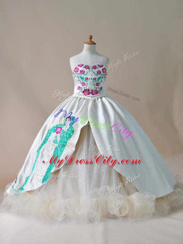 Trendy Lace Up Pageant Gowns For Girls Champagne for Wedding Party with Embroidery Sweep Train