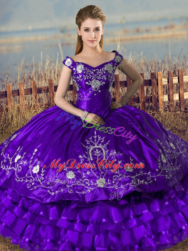 Modest Purple Satin and Organza Lace Up Off The Shoulder Sleeveless Floor Length 15 Quinceanera Dress Embroidery and Ruffled Layers