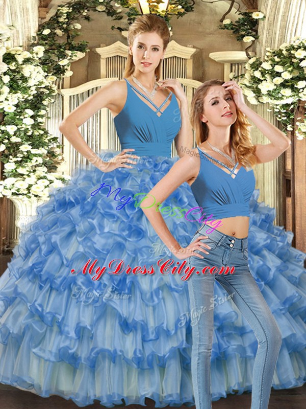 Trendy Sleeveless Organza Floor Length Backless Ball Gown Prom Dress in Blue with Ruffles