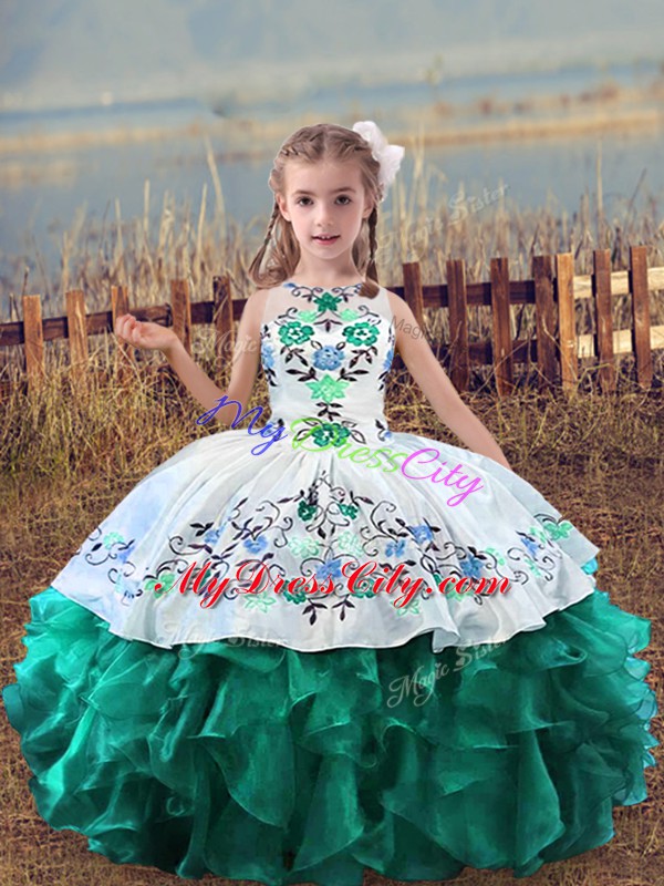 Beauteous Scoop Sleeveless Organza Child Pageant Dress Embroidery and Ruffles Lace Up