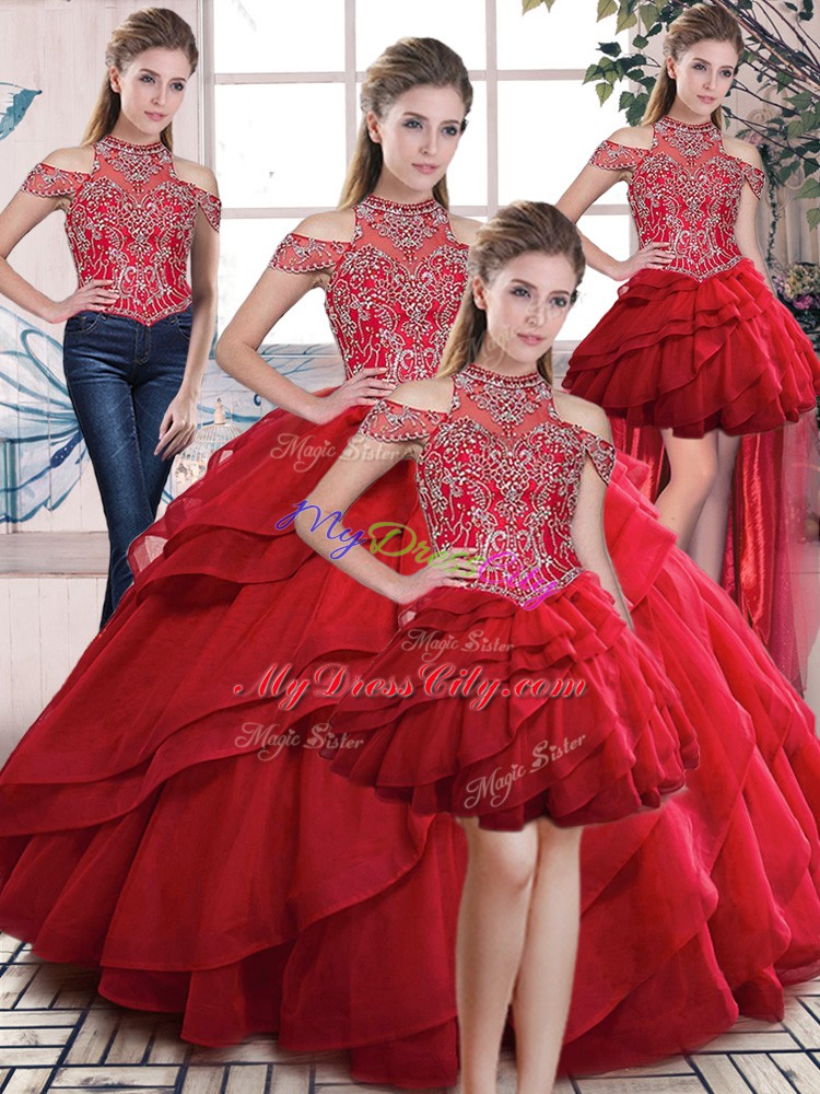 Red High-neck Neckline Beading and Ruffles Quince Ball Gowns Sleeveless Lace Up