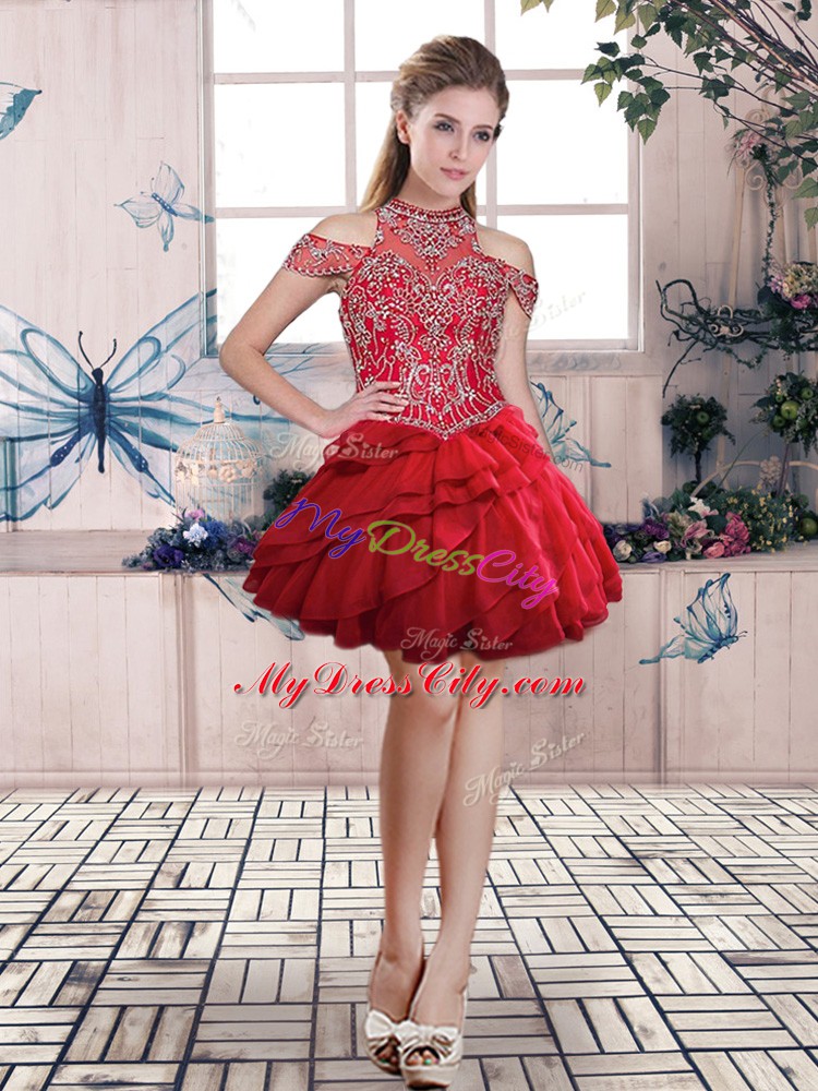 Red High-neck Neckline Beading and Ruffles Quince Ball Gowns Sleeveless Lace Up