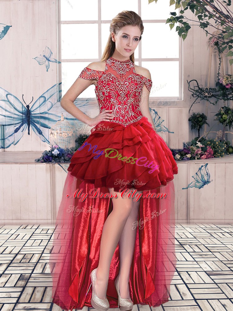 Red High-neck Neckline Beading and Ruffles Quince Ball Gowns Sleeveless Lace Up