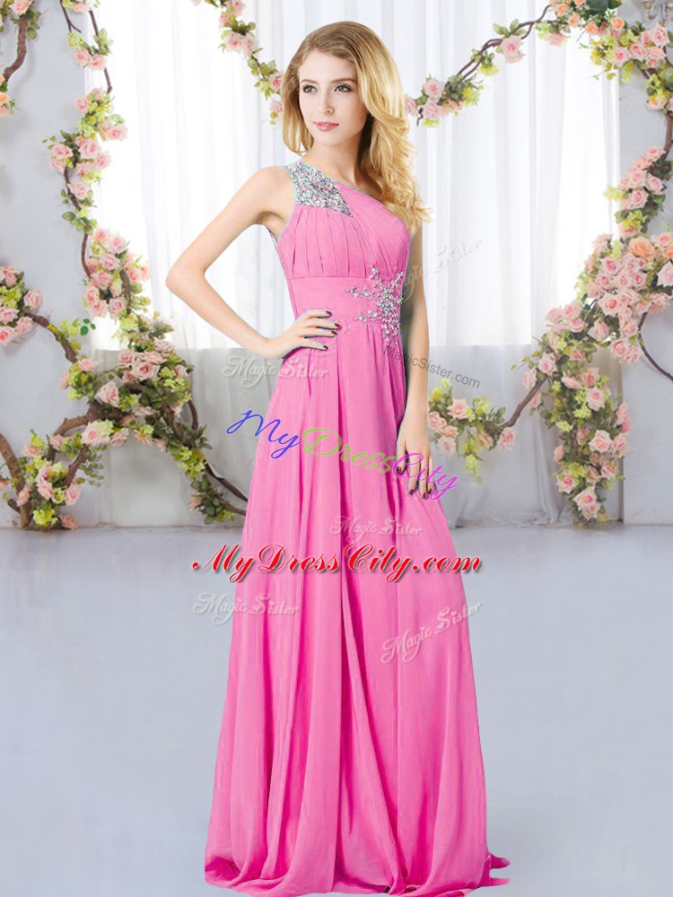 Custom Fit Sleeveless Floor Length Beading Zipper Wedding Party Dress with Rose Pink