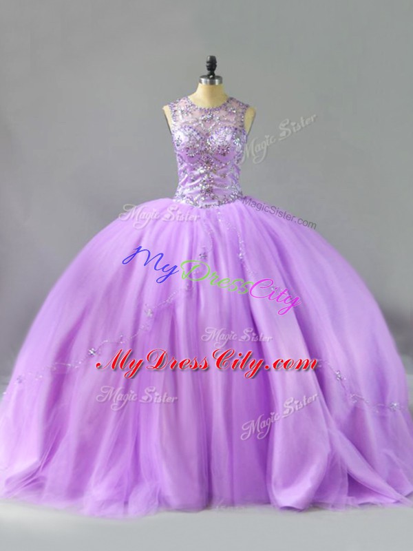 Best Selling Tulle Scoop Sleeveless Lace Up Beading Sweet 16 Dresses in Lavender