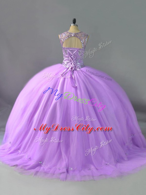 Best Selling Tulle Scoop Sleeveless Lace Up Beading Sweet 16 Dresses in Lavender