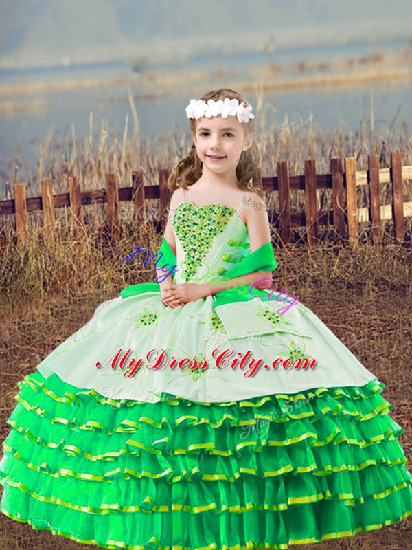 High Class Sleeveless Organza Floor Length Lace Up Little Girl Pageant Gowns in Green with Beading and Embroidery and Ruffled Layers