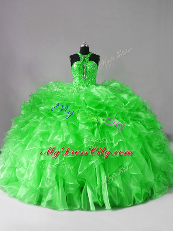 Halter Top Sleeveless Organza Quinceanera Dresses Beading and Ruffles Brush Train Lace Up