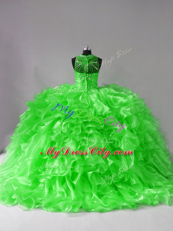 Halter Top Sleeveless Organza Quinceanera Dresses Beading and Ruffles Brush Train Lace Up