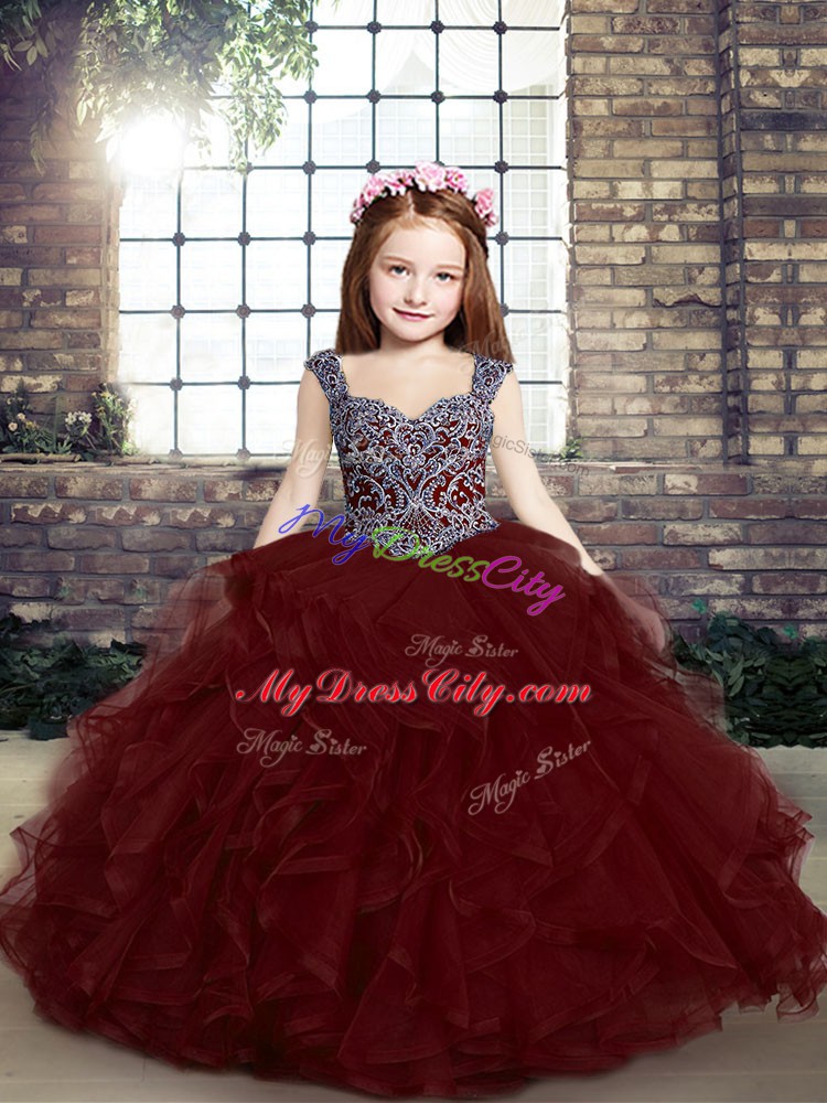 Fantastic Beading and Ruffles Winning Pageant Gowns Burgundy Lace Up Sleeveless Floor Length