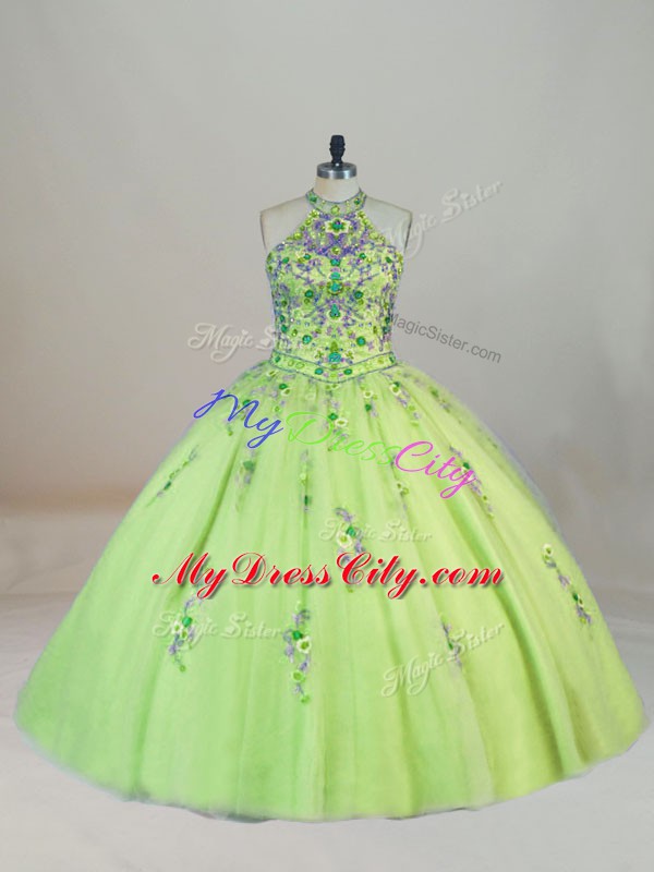 Yellow Green Sweet 16 Dress Halter Top Sleeveless Brush Train Lace Up