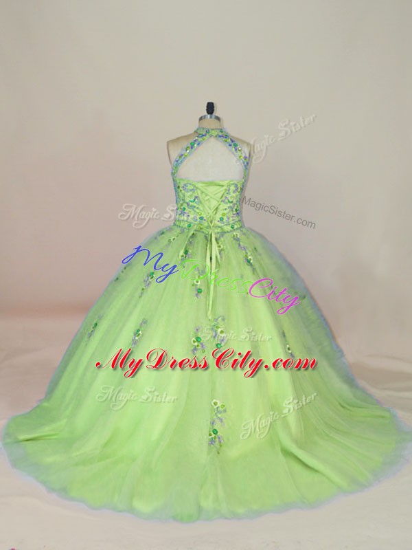 Yellow Green Sweet 16 Dress Halter Top Sleeveless Brush Train Lace Up