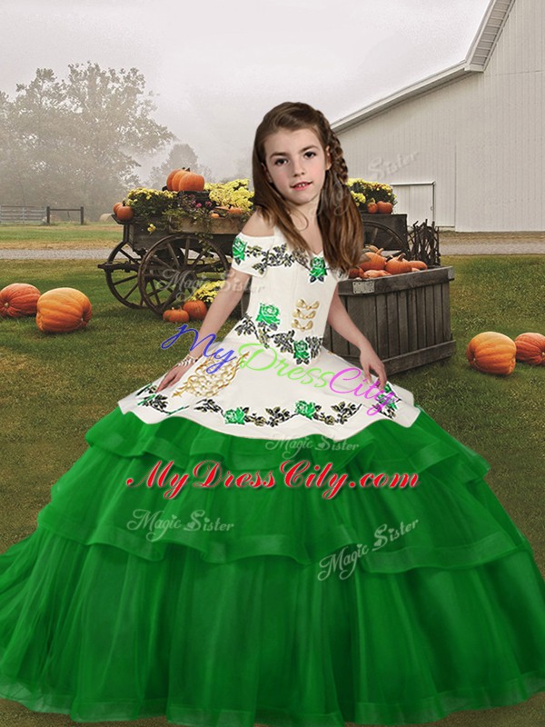 Green Ball Gowns Tulle Straps Sleeveless Embroidery and Ruffled Layers Floor Length Lace Up Kids Formal Wear