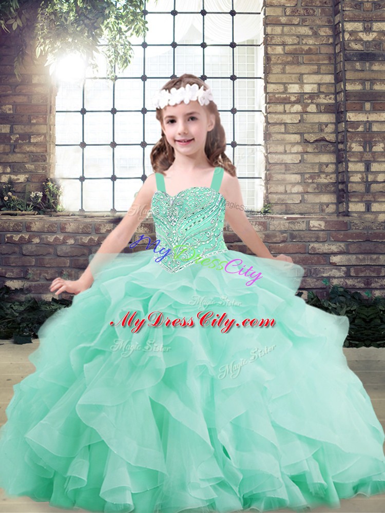 Stylish Ball Gowns Girls Pageant Dresses Apple Green Straps Tulle Sleeveless Floor Length Lace Up