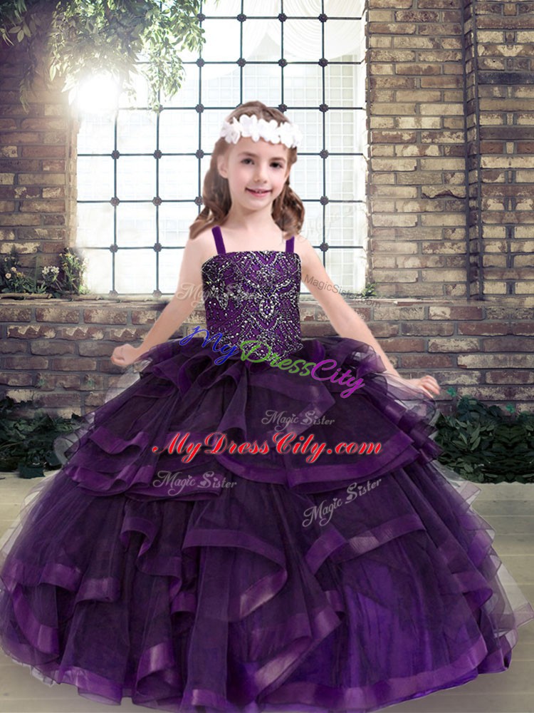 Purple Sleeveless Floor Length Beading and Ruffles Lace Up Custom Made Pageant Dress