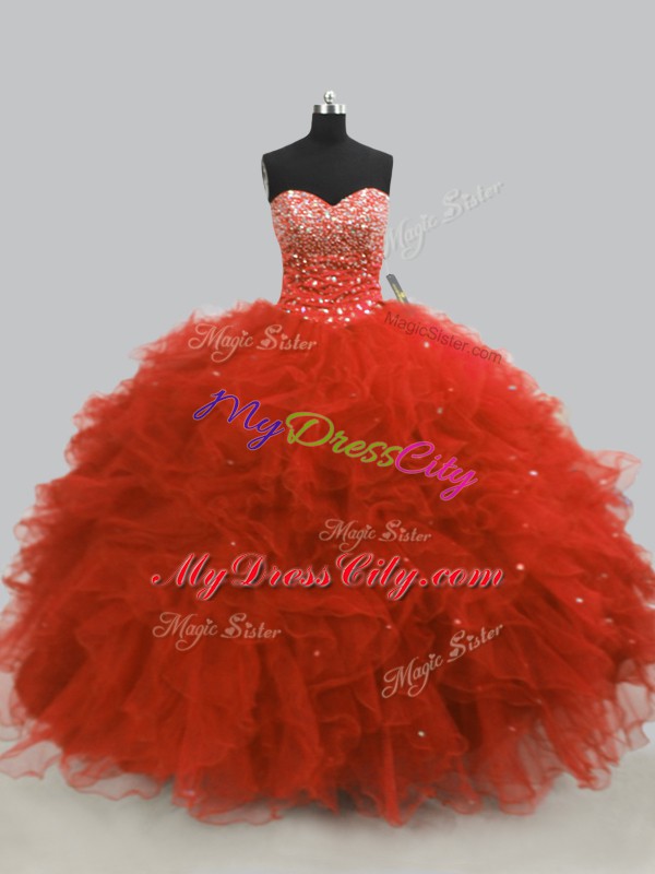 Rust Red Sleeveless Floor Length Beading and Ruffles Lace Up Vestidos de Quinceanera