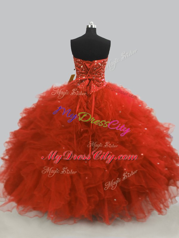 Rust Red Sleeveless Floor Length Beading and Ruffles Lace Up Vestidos de Quinceanera