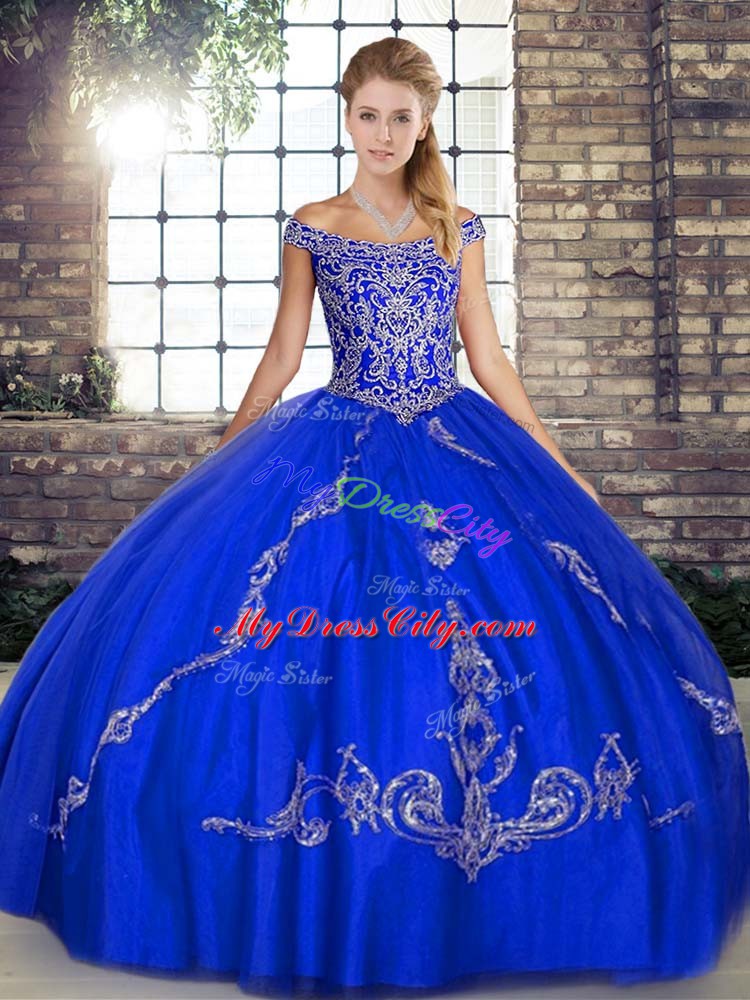 Royal Blue Tulle Lace Up Off The Shoulder Sleeveless Floor Length Sweet 16 Dress Beading and Embroidery