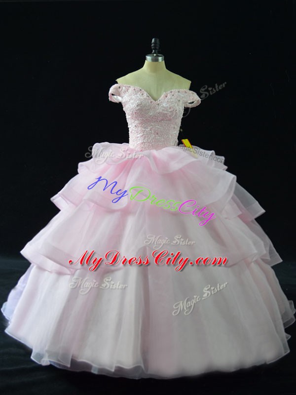 Pink Organza Lace Up Vestidos de Quinceanera Sleeveless Brush Train Beading and Ruffled Layers