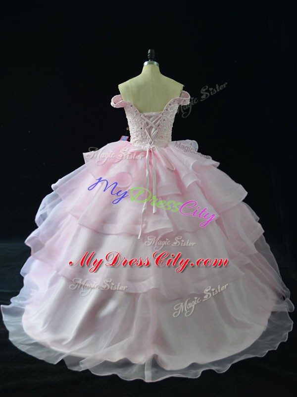 Pink Organza Lace Up Vestidos de Quinceanera Sleeveless Brush Train Beading and Ruffled Layers