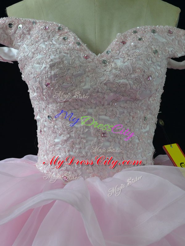 Pink Organza Lace Up Vestidos de Quinceanera Sleeveless Brush Train Beading and Ruffled Layers