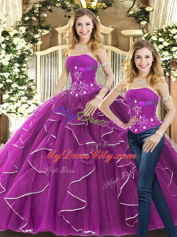 Comfortable Purple Tulle Lace Up Strapless Sleeveless Ball Gown Prom Dress Beading and Ruffles