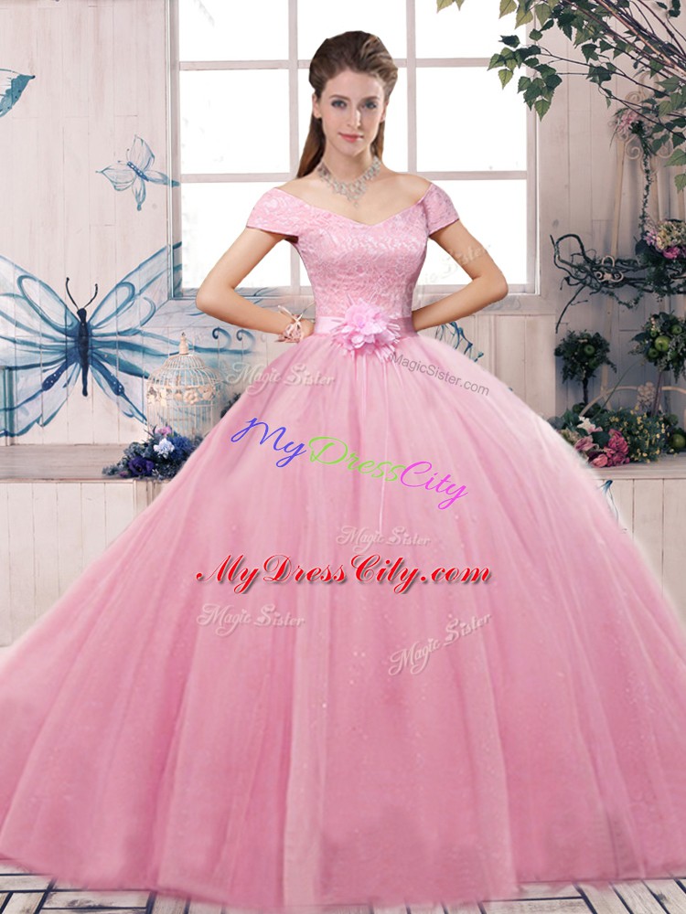 Tulle Short Sleeves Floor Length 15th Birthday Dress and Lace and Hand Made Flower