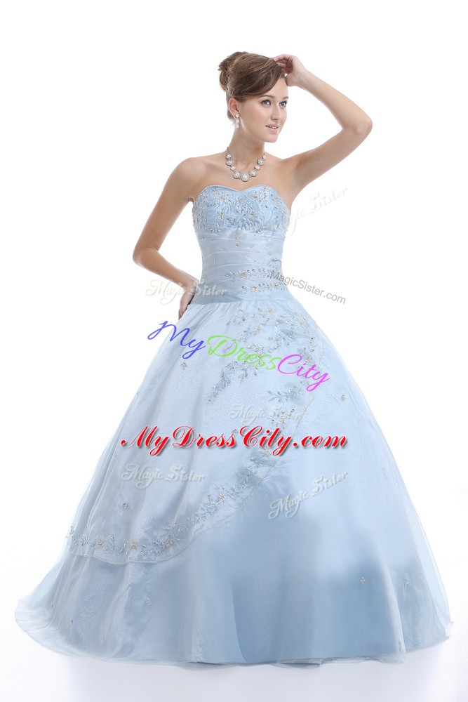 Elegant Light Blue Ball Gowns Embroidery Quince Ball Gowns Lace Up Organza Sleeveless Floor Length