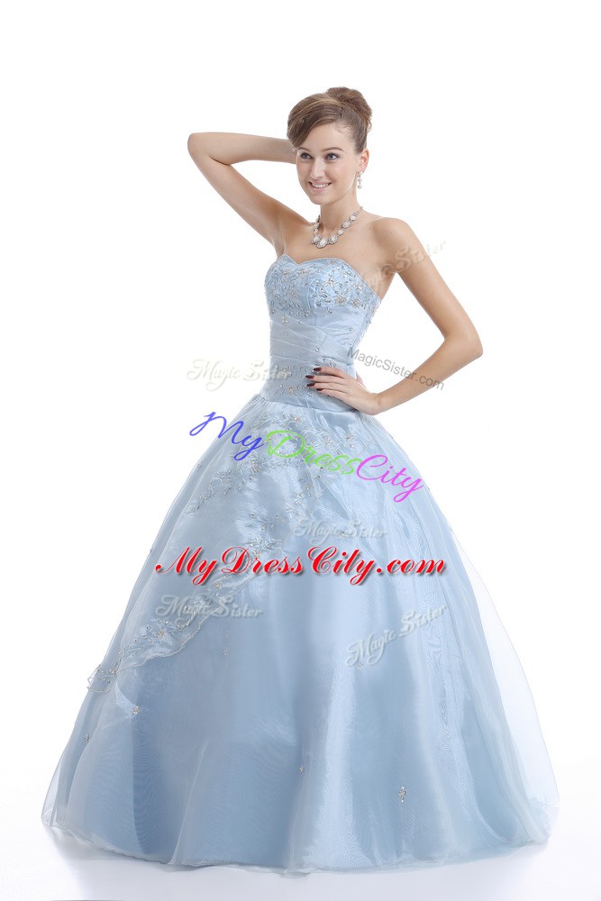 Elegant Light Blue Ball Gowns Embroidery Quince Ball Gowns Lace Up Organza Sleeveless Floor Length