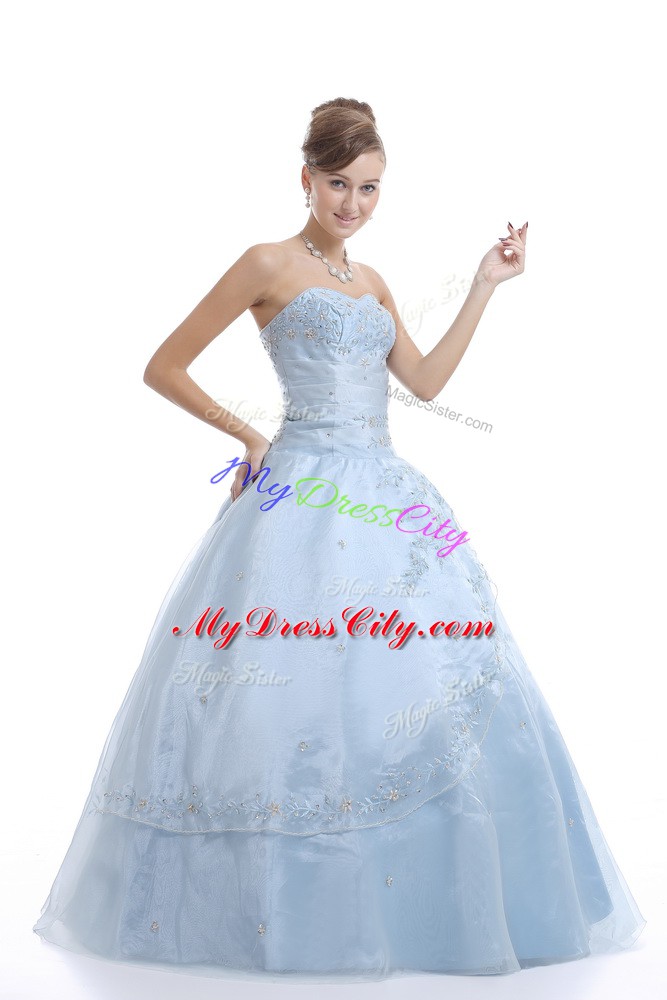 Elegant Light Blue Ball Gowns Embroidery Quince Ball Gowns Lace Up Organza Sleeveless Floor Length