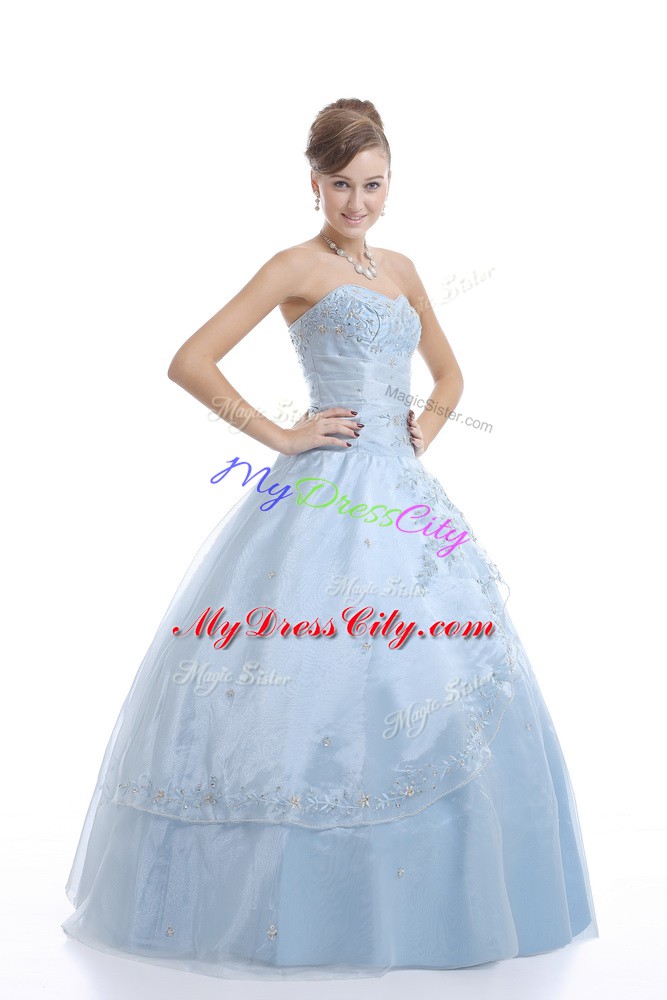 Elegant Light Blue Ball Gowns Embroidery Quince Ball Gowns Lace Up Organza Sleeveless Floor Length