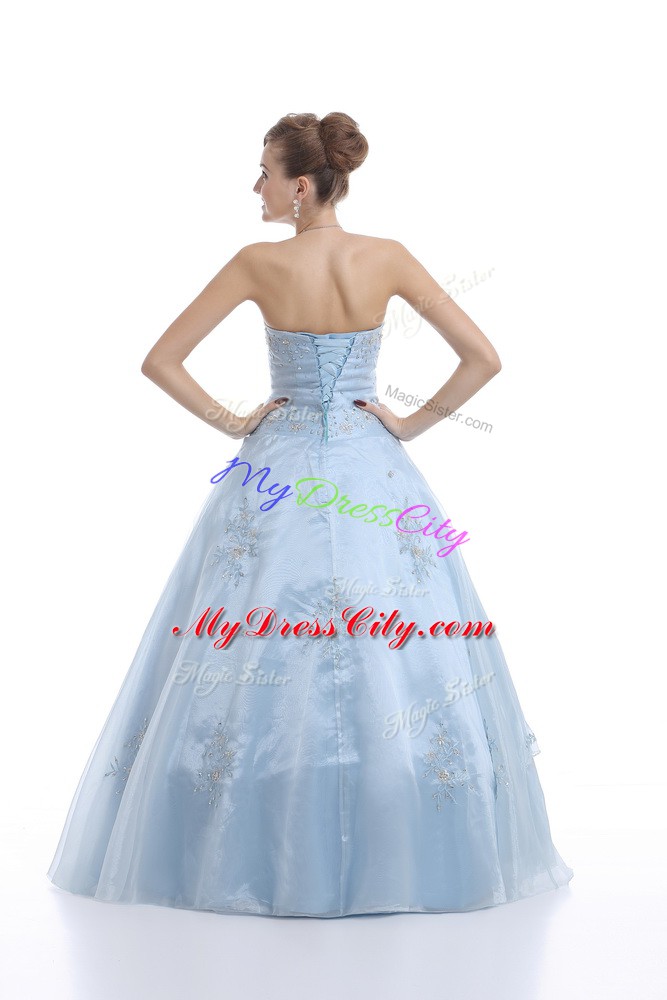 Elegant Light Blue Ball Gowns Embroidery Quince Ball Gowns Lace Up Organza Sleeveless Floor Length