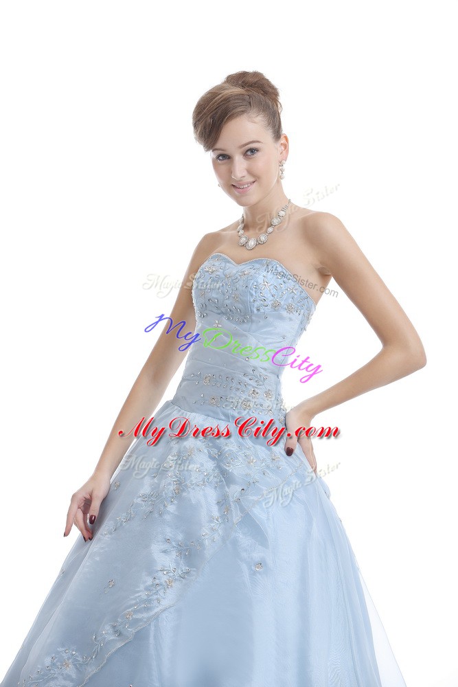 Elegant Light Blue Ball Gowns Embroidery Quince Ball Gowns Lace Up Organza Sleeveless Floor Length