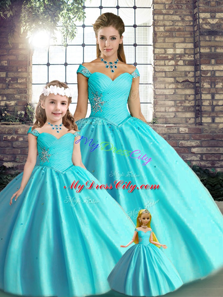 Cheap Aqua Blue Ball Gowns Tulle Off The Shoulder Sleeveless Beading Floor Length Lace Up Quinceanera Gown